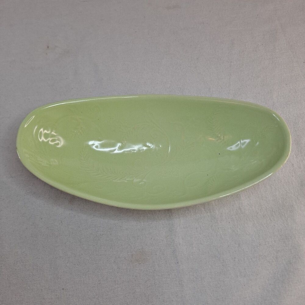 Vintage HULL Pottery Console Footed Bowl Green USA I-18 Glazed Leaf Pattern - Picture 2 of 10